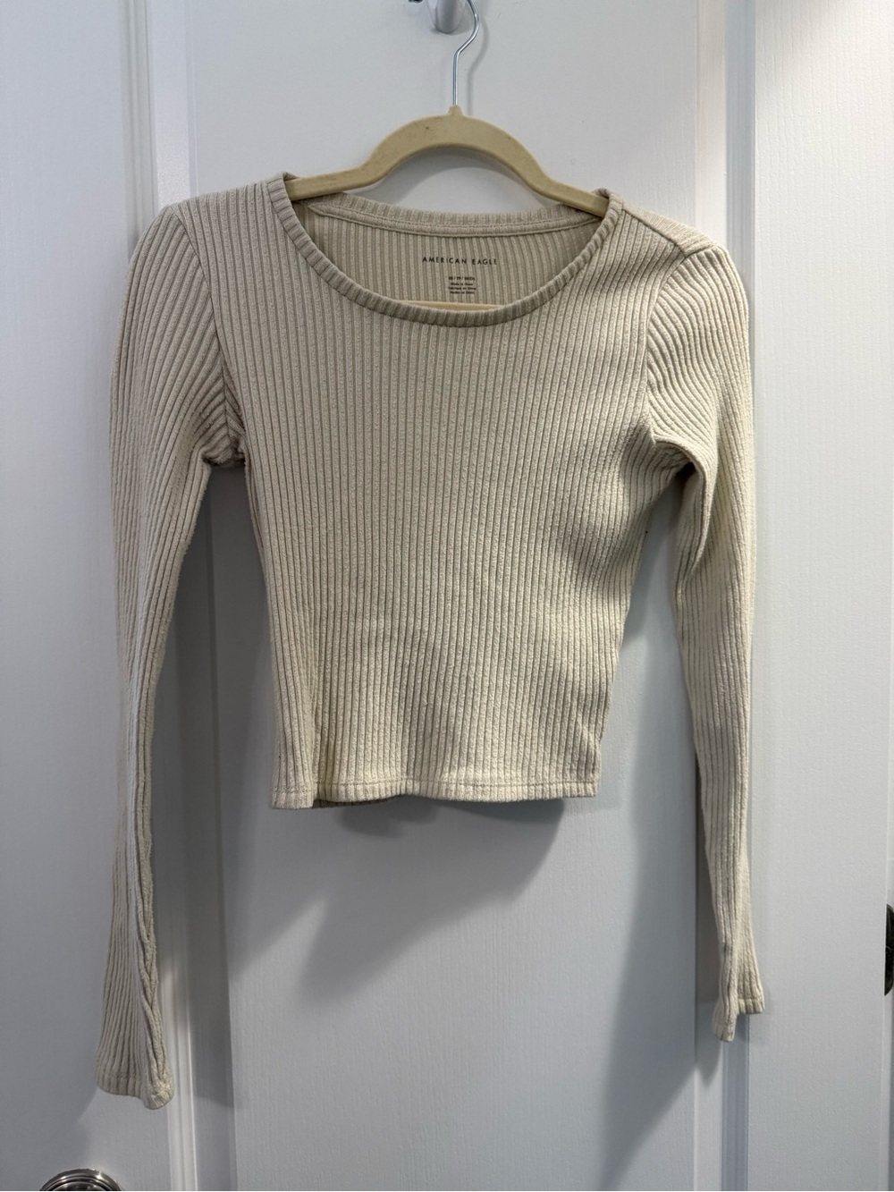 American Eagle Outfitters Ribbed Scoop Neck Long-Sleeve Top - Cream